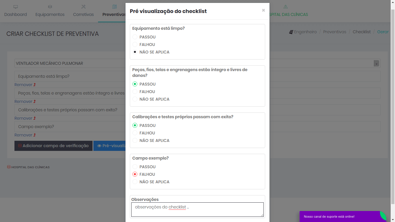 Sistema de engenharia clínica com checklists e calendario de preventivas